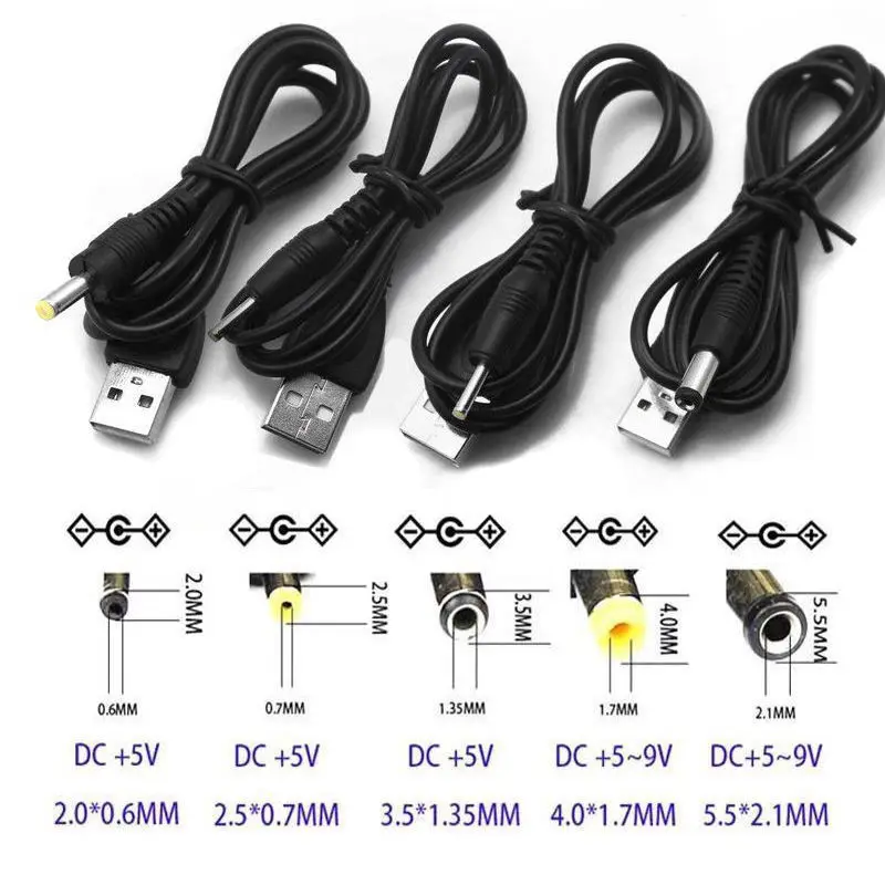 USB 2.0 A Male to DC 2.0*0.6mm 2.5*0.7mm 3.5*1.35mm 4.0*1.7mm 5.5*2.1mm 5 Volt DC Barrel Jack Power Cable Connector Charger Cord