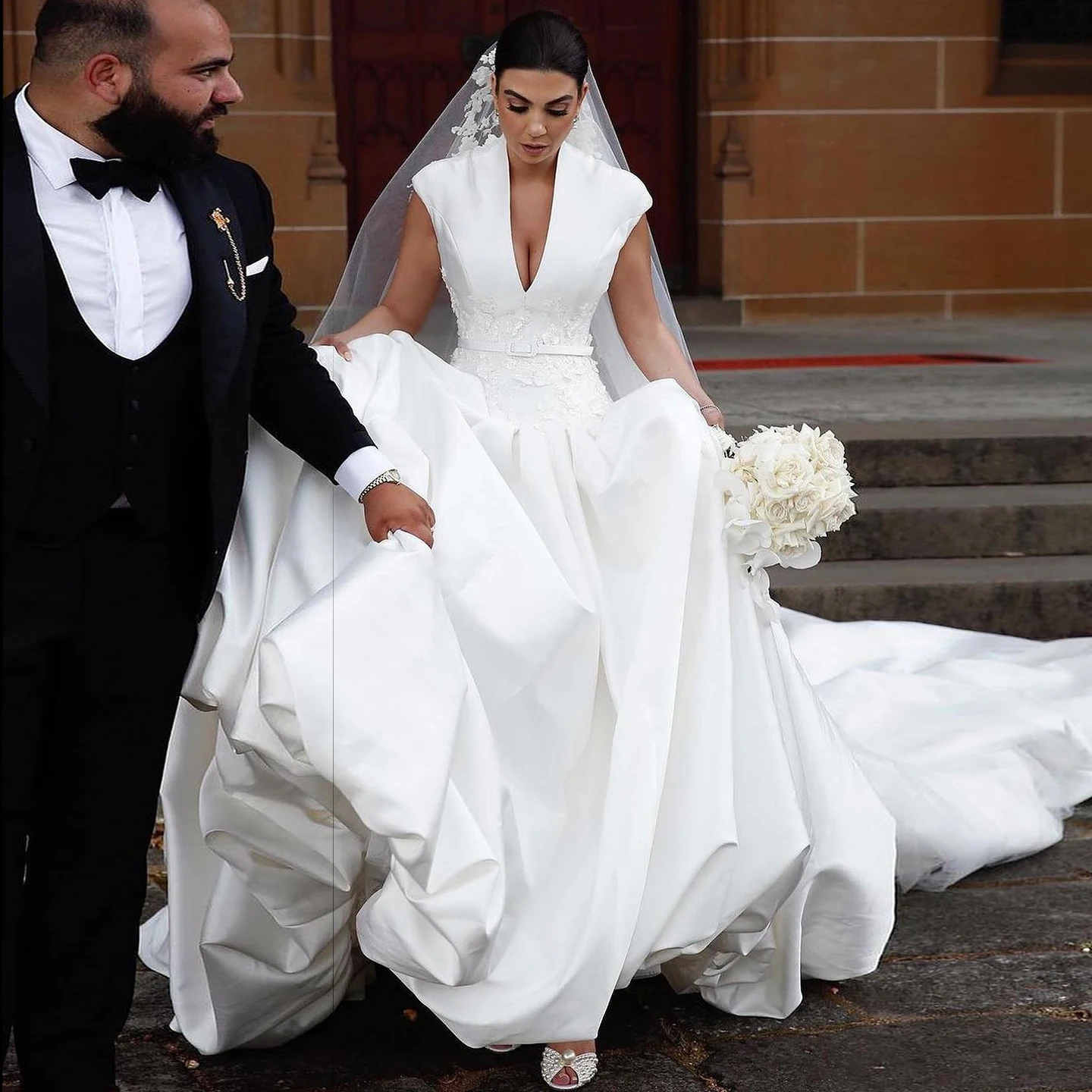 Sharon Said Elegant Satin Ball Gown Wedding Dress V-Neck Cap Sleeves 3D Floral Belted Luxury Bridal Gowns SW015 Customized
