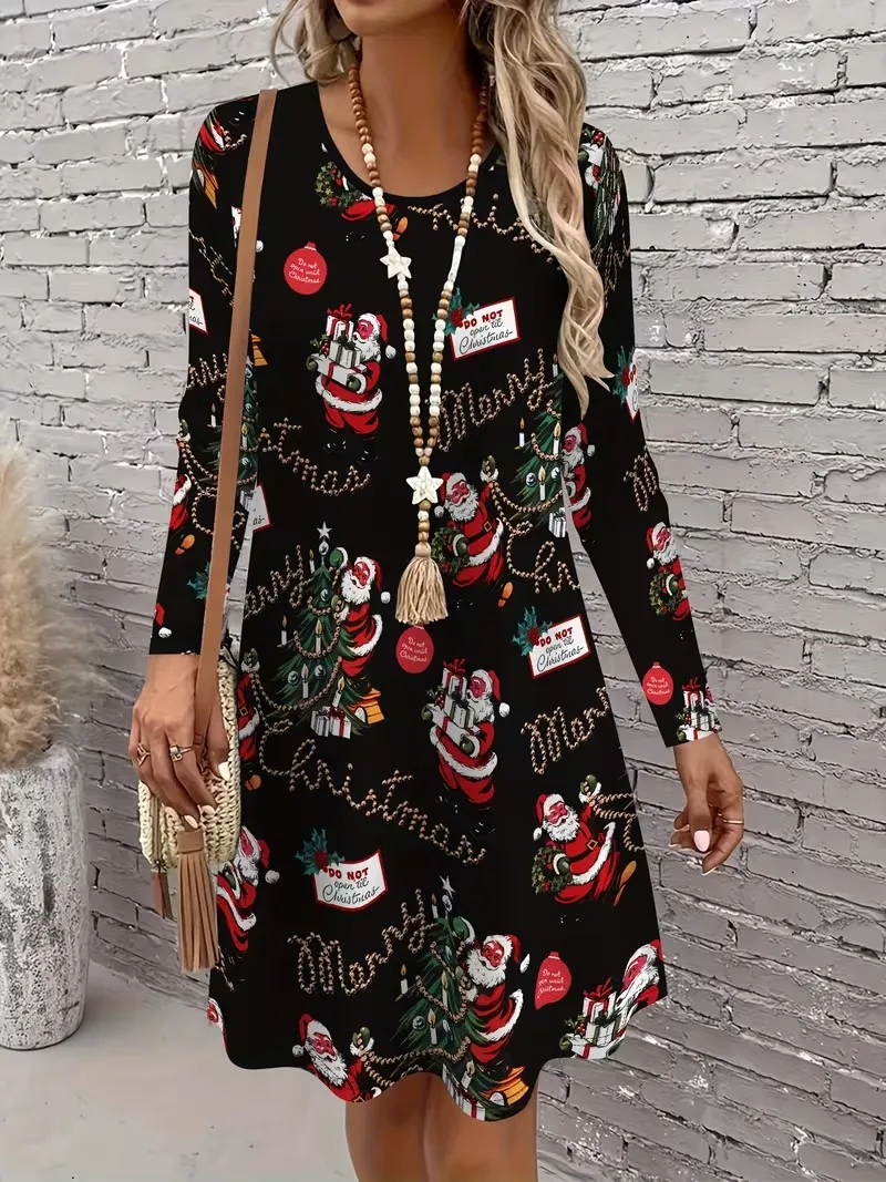 3D retro floral pattern casual dress, women's autumn long sleeved round neck casual mini dress