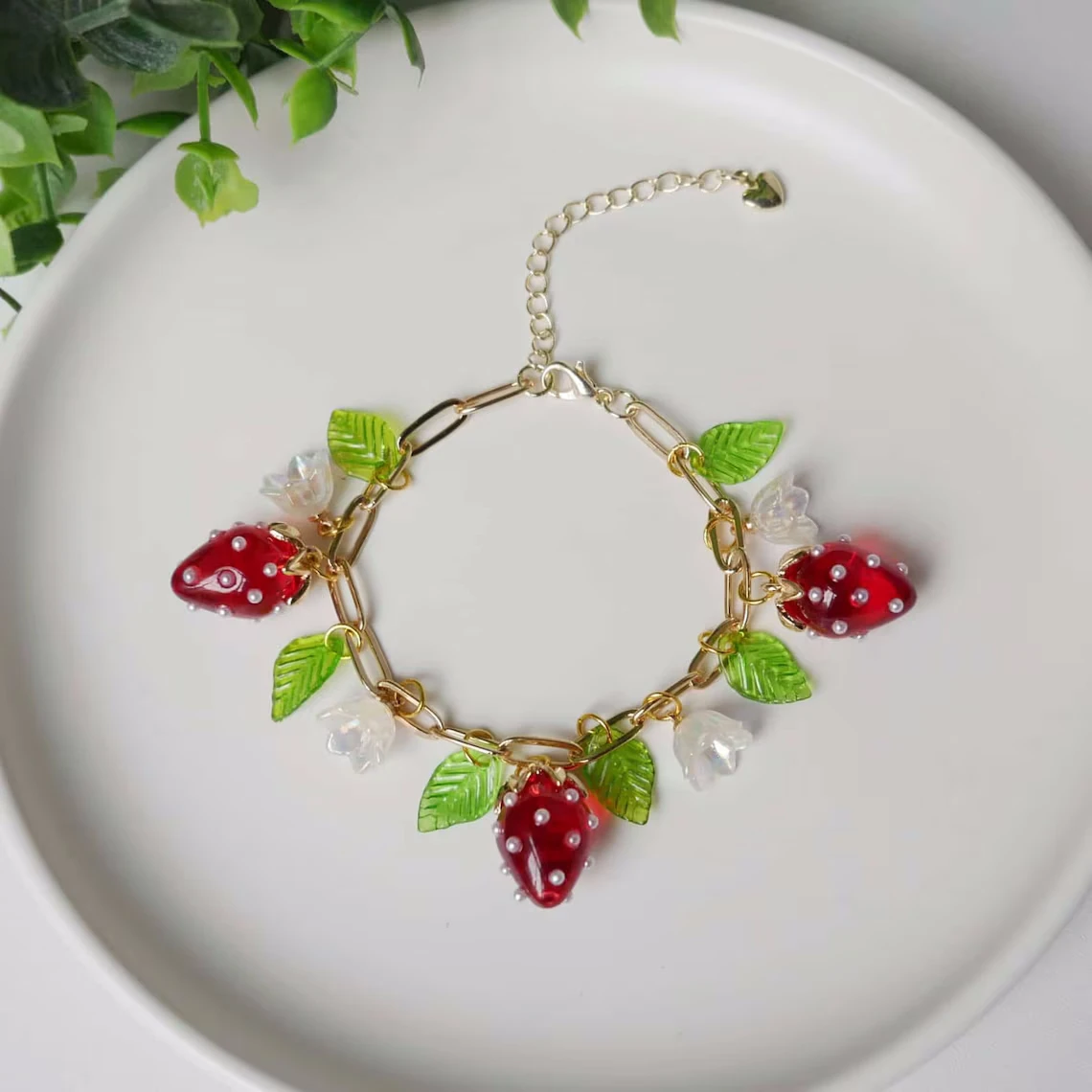 

Cute Strawberry Charm Bracelet Leaf Flower Design Fruit Bracelet Spring Summer Fashion Jewelry Gift For