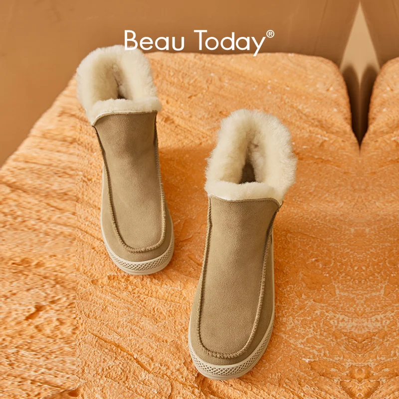 Beau Today Women Snow Boots Genuine Cow Suede Warm Fur Inside Fashion Sewing Round Toe For Winter Handmade Ladies Shoes A08033