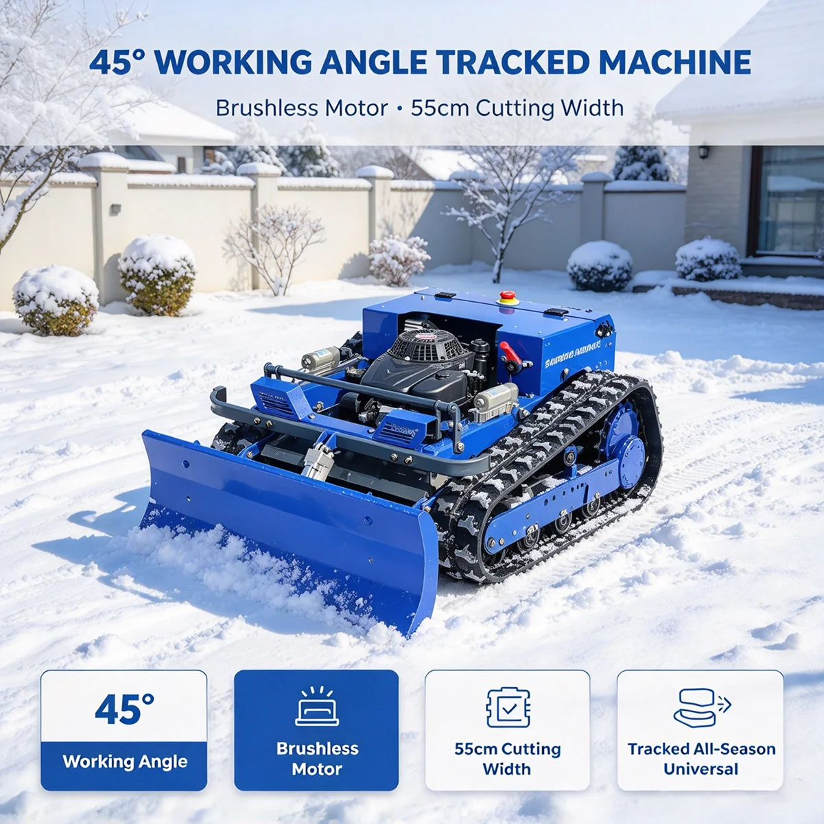 Remote-Controlled Lawnmower With Detachable Snow Shovel For Winter Snow Removal; Wirelessly Controlled; Multi-Functional Agricultural And Horticultural Equipment; Features A Zero-Turning Radius Design And Single-Cylinder Four-Stroke Power For Weeding