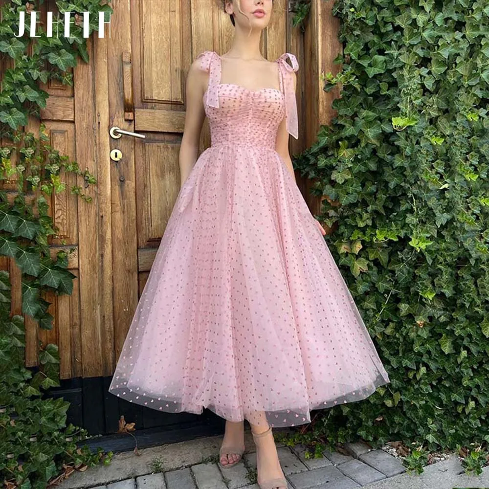 JEHETH Pink Elegant Heart Print Tulle Prom Dress 2022 Sweetheart Spaghetti Straps A Line Backless Evening Party Gown Tea Length