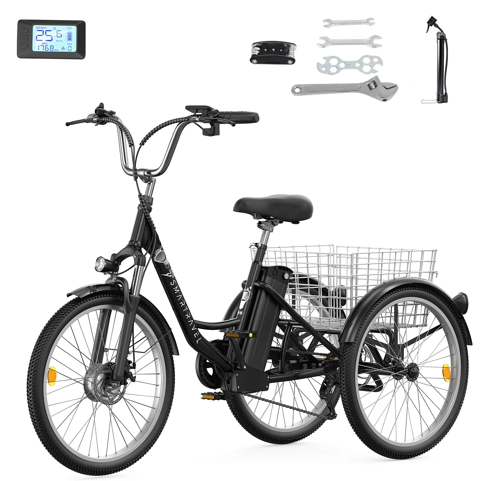 24'' Triciclo Elettrico con Cestello Posteriore M300, Batteria 36V 18Ah, 250W, Autonomia 40-70km, 25 km/h, 7 Velocità, Schermo LCD, Acceleratore a Ped