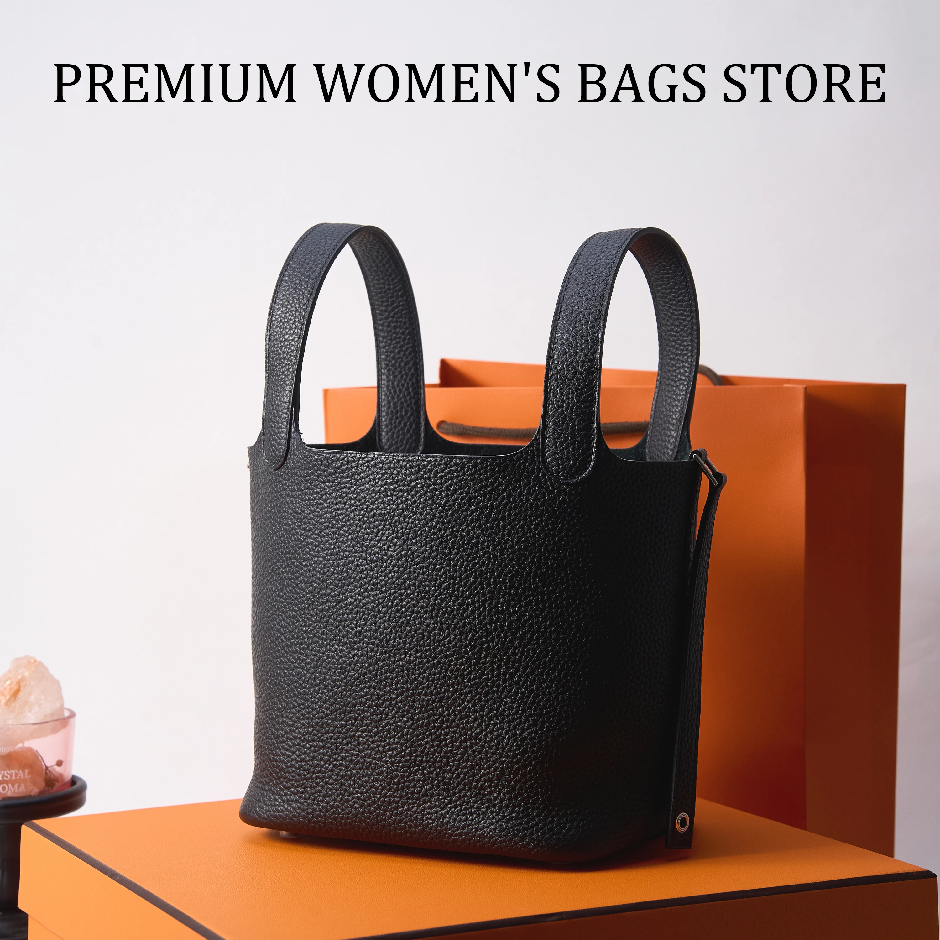Genuine Leather Bucket Bag for Women 18x13x18cm Top Handle Shoulder Bag Grain Leather Tote Handbag with Adjustable Strap