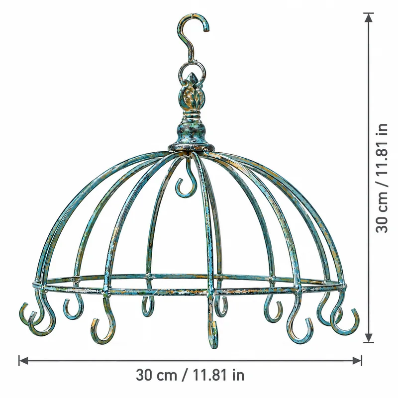Vintage Solid Iron Hanging Herb Drying Rack with Hooks, Distressed Dome Display Hanger for Mugs Jewelry Ornaments, 30cm
