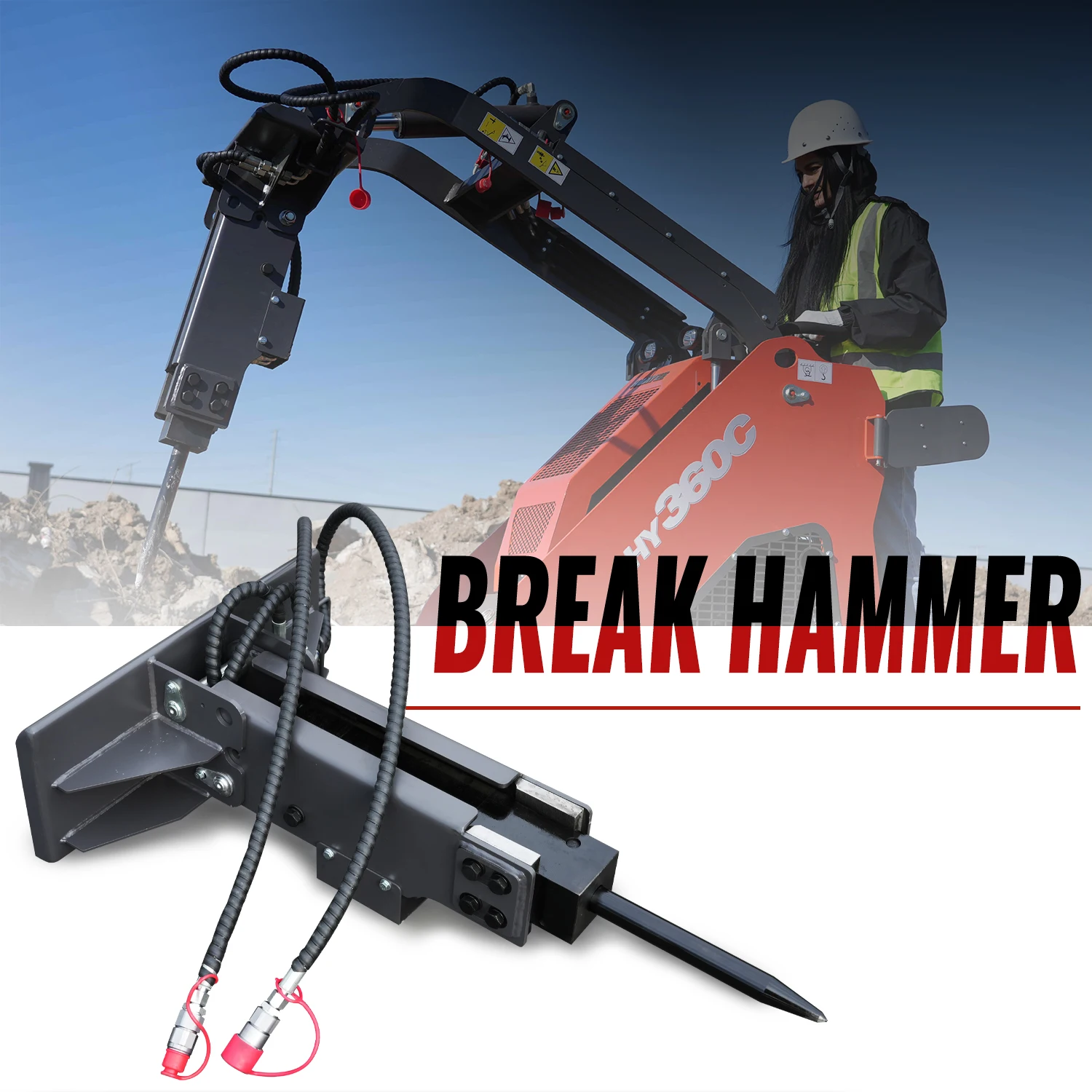 

Навесное оборудование для мини-погрузчиков - гидравлический молот: мощная ударная сила, подходит для разрушения камней и бетона.