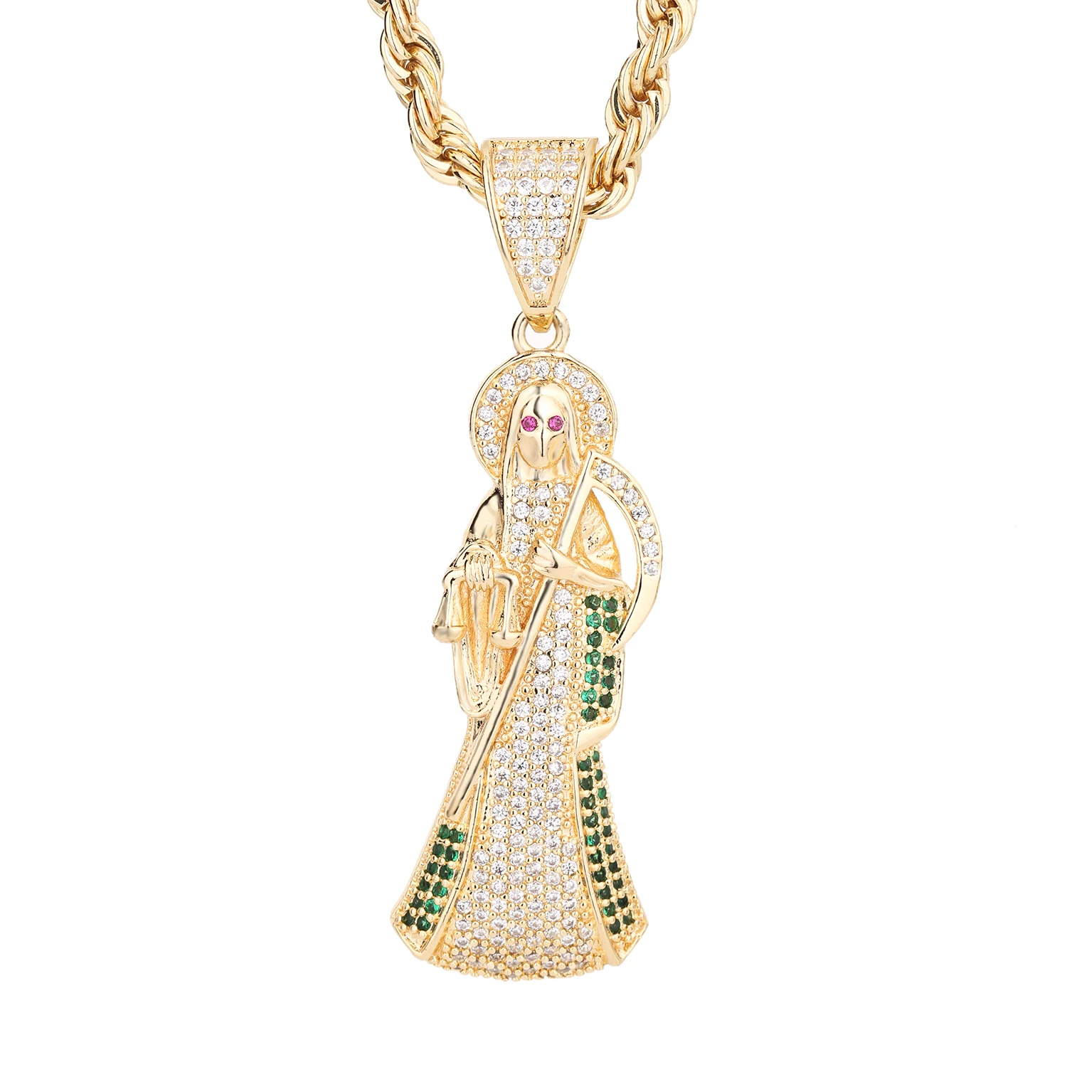 VCT14k Saint Death Gold Diamond Cut Pendant with Figaro Necklace Wholesale Price HP320