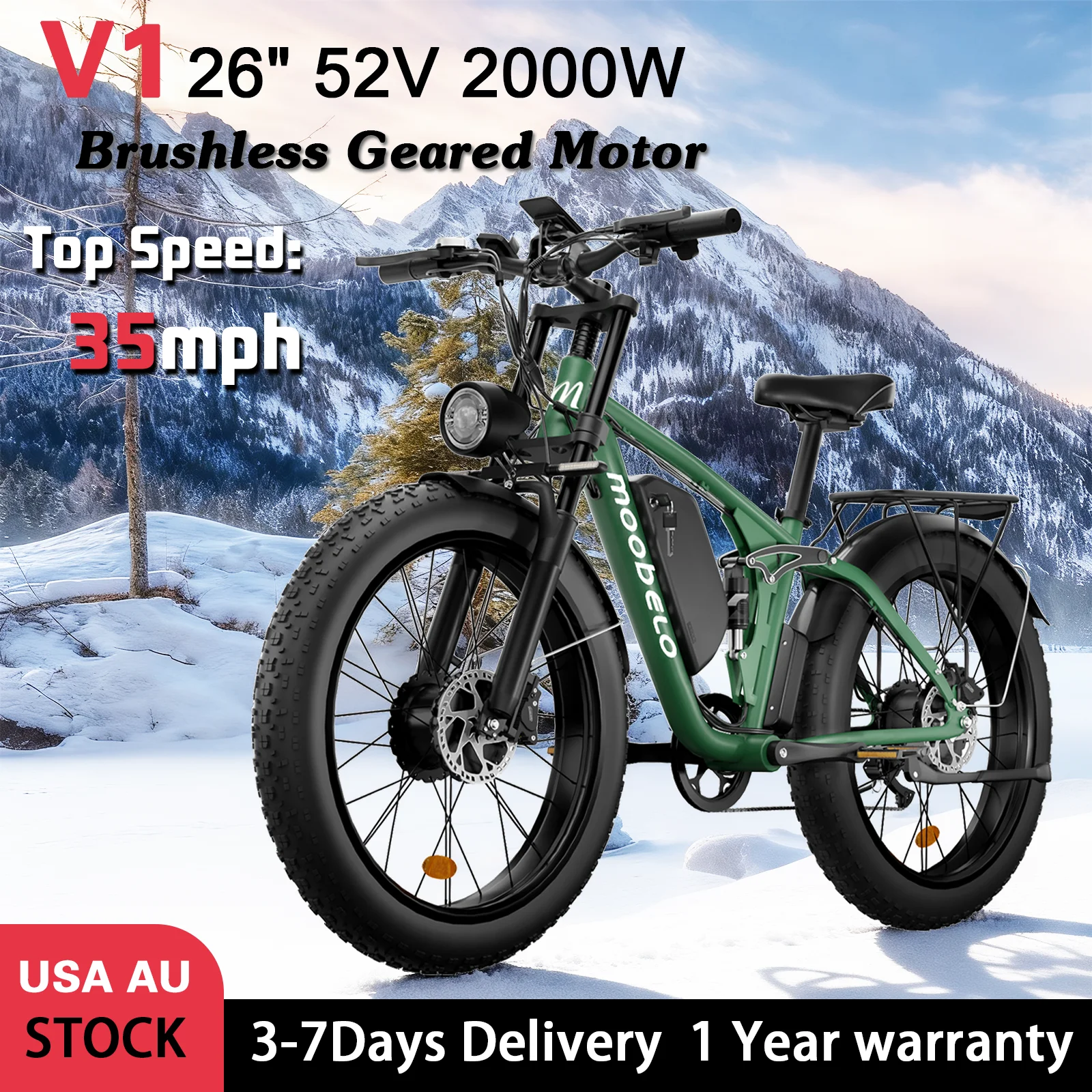 

2000W Electric Bike Adult 52V 22.4AH 68 Miles Long Range 35mph Fast 7 Speed Full Suspension 26" Waterproof US Delivery EBike