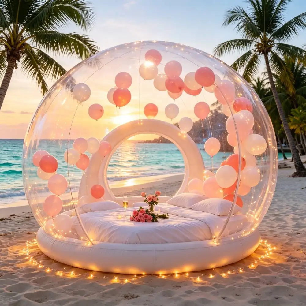 Maisons bulles gonflables transparentes de qualité commerciale, rapides à installer et faciles à démonter, idéales pour les expositions en plein air, les boutiques éphémères, les activités familiales et les décorations festives. Stock abondant disponible dans l'UE pour une livraison rapide.