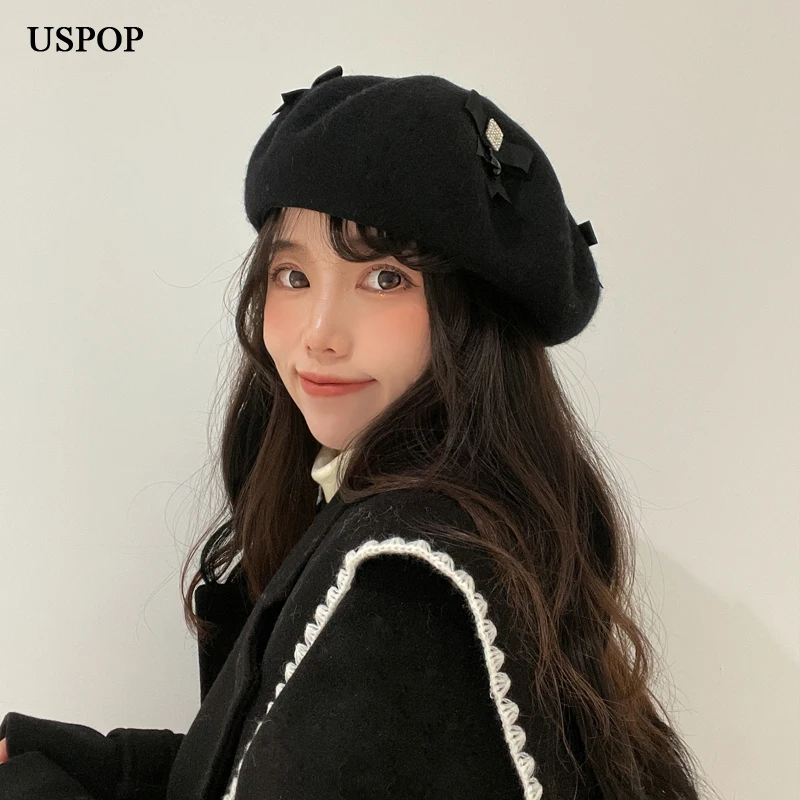 

USPOP Women Winter Hats Wool Berets Adjustable Size Solid Color Vintage Beret