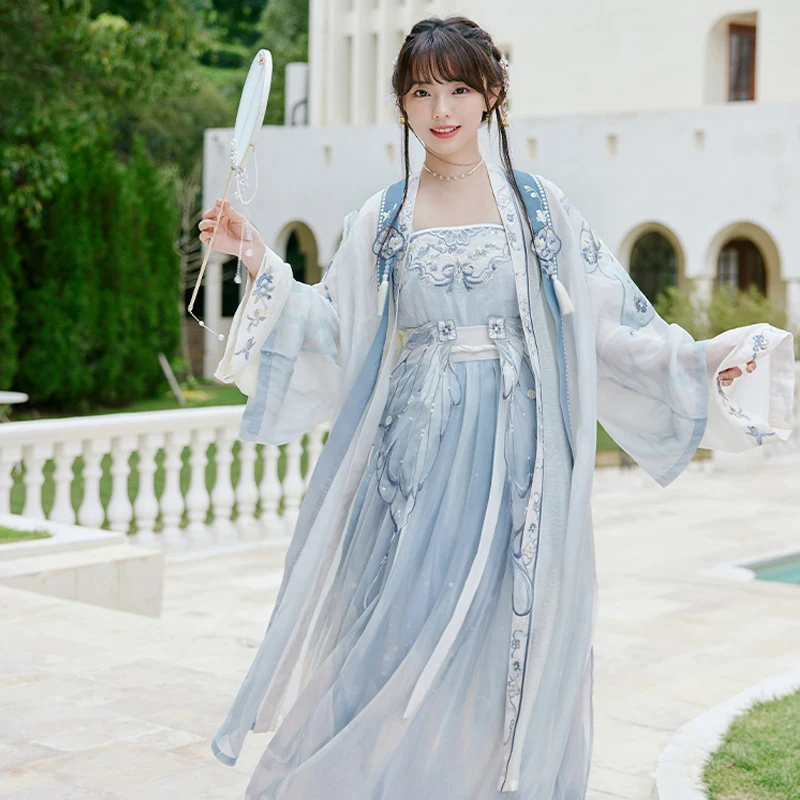 

Новая Китайская традиционная Классическая танцевальная одежда ханьфу синего цвета династия Хань Тан песня сказочные сценические костюмы древней принцессы DQL7391