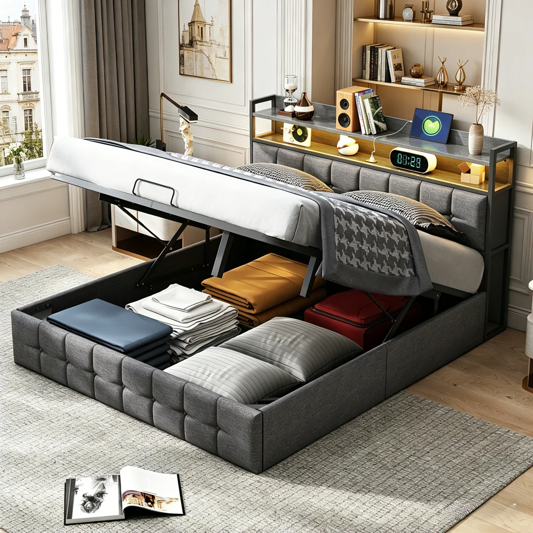 Cama doble 140/160x200/140x190 cm con almacenamiento, cama para adultos con puerto USB e iluminación LED, tapizada con cabecero con estante, ajustable hidráulicamente, gris