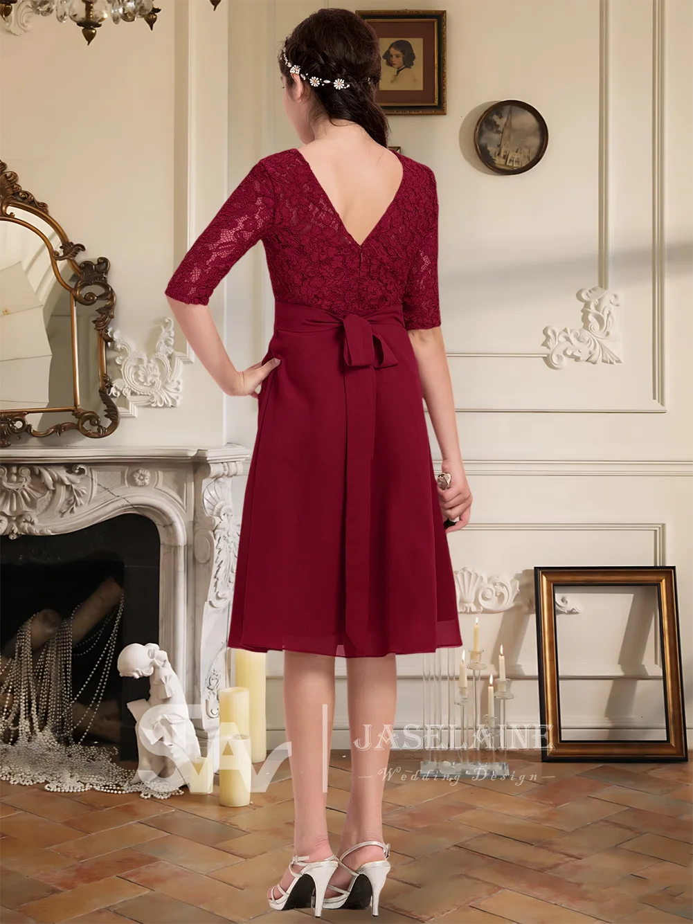 Elegant Royal Plum A-Line Scoop Chiffon Lace Junior Bridesmaid Dress Flower Girl Dress Girls Wedding Party Formal Communion