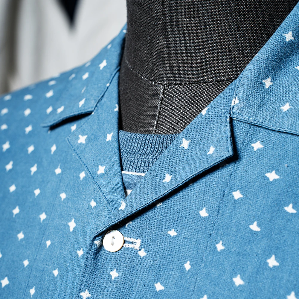 Vintage Indigo Print Shirt Men Summer New Blue Dyed Cuban Lapel Short Sleeve Single Breasted Shirt Cotton Casual Cardigan Tops