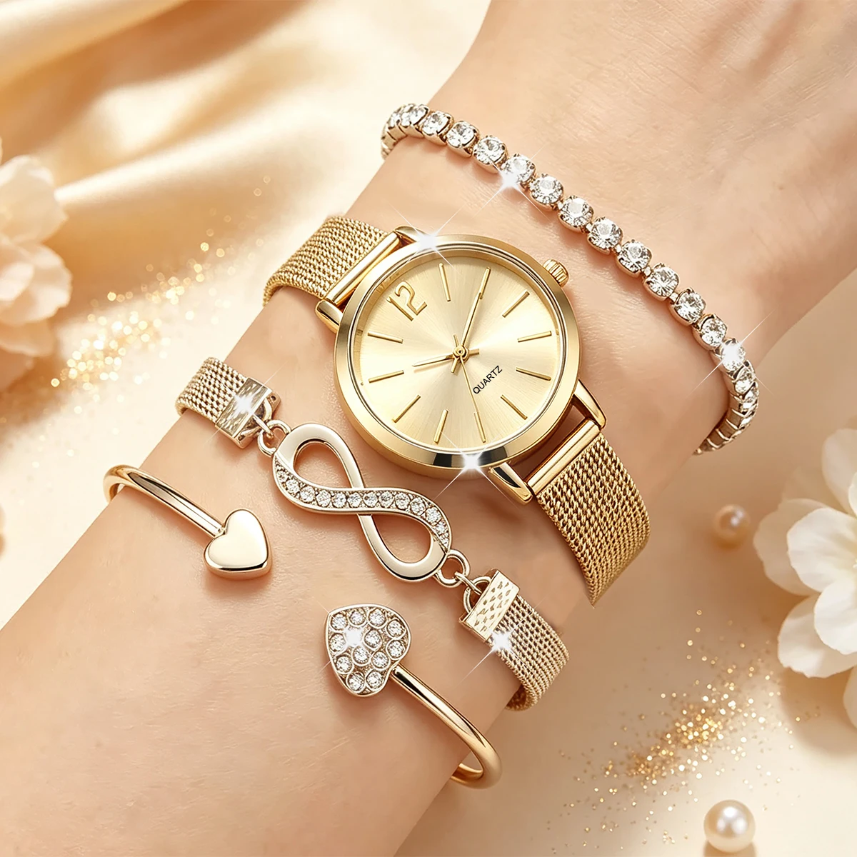 4-Piece Set of Light Luxury Minimalist Women's Compact Round Watches with Gold Jewelry Series Set, Suitable for Daily Wear, Couple Watches, the Best Gift for Her