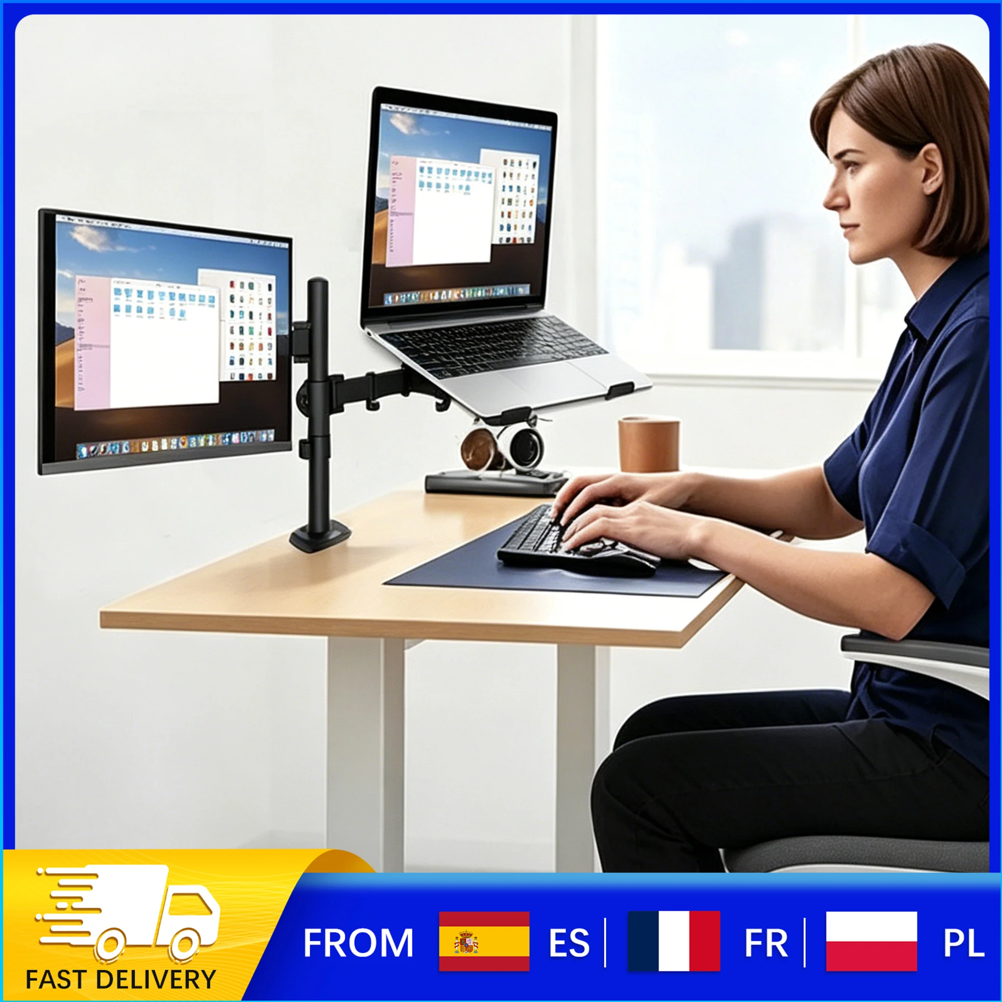 Support pour ordinateur portable à double écran, support de bureau réglable, 2 options de montage, gestion des câbles, pour écran de 13 à 27 pouces, o