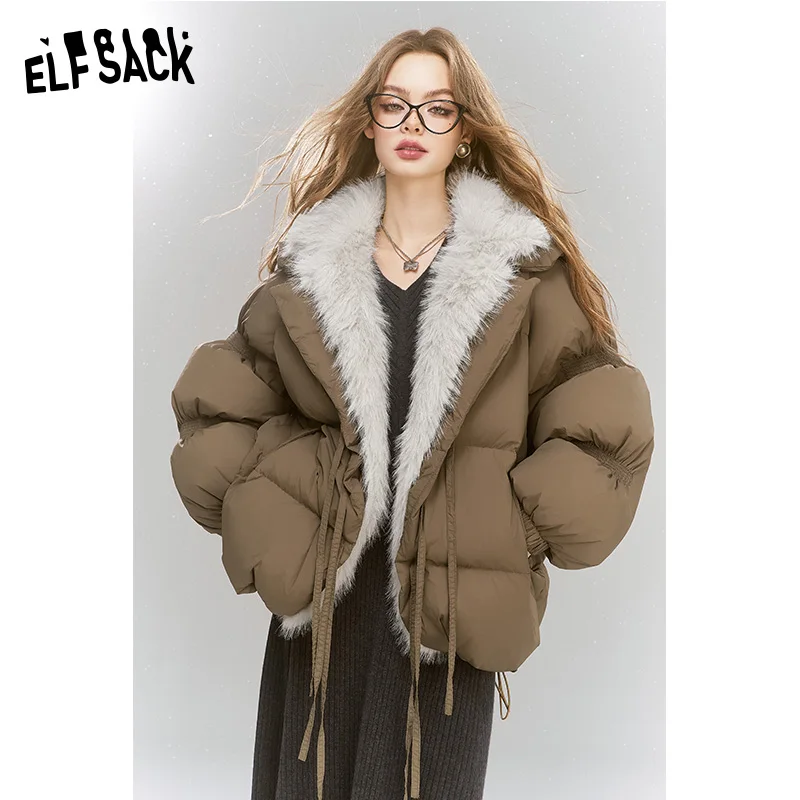 Elfsack 2024 inverno recém chegados gola de pele falsa costura para baixo jaqueta feminina raglan manga longa casaco quente