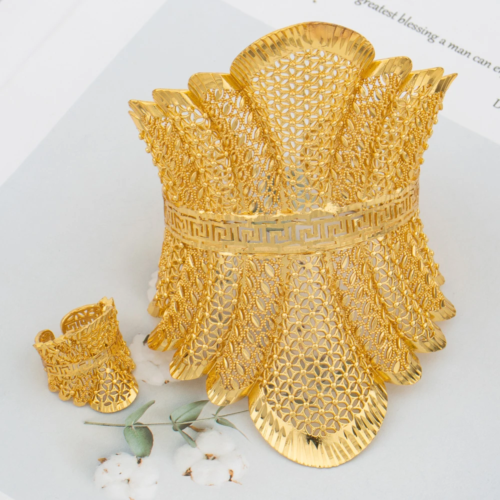 Dubai Manschettenarmreif Damen Arabisch 18K vergoldet Armband Ring Luxus Großer runder Schmuck Kupfer Hochzeit Äthiopien Brautgeschenke – Detail 10