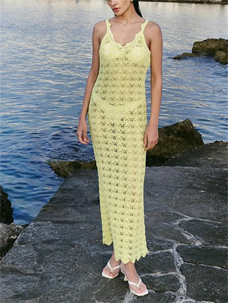 Frauen Sexy Tiefem V Rückenfreies Stricken Bikini Cover-Up Lange Bandage Strand Kleid Häkeln Bademode Sarong aushöhlen Weibliche coverup