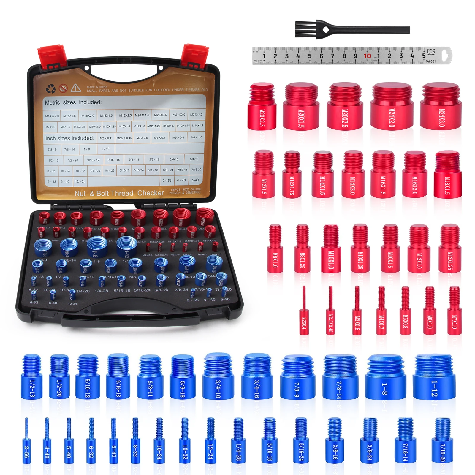 55 Pcs Nut and Bolt Thread Checker Set 26 Metric & 29 Inch Detachable Thread Identification Gauge Size Organizer Storage Box