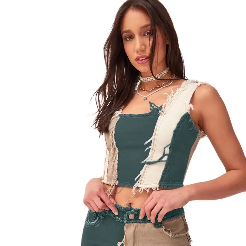 女性のデニムベスト,対照的な色のセクシーなチューブトップ,ノースリーブのショートトップ,新しいファッション,XS-2XL,夏,2023