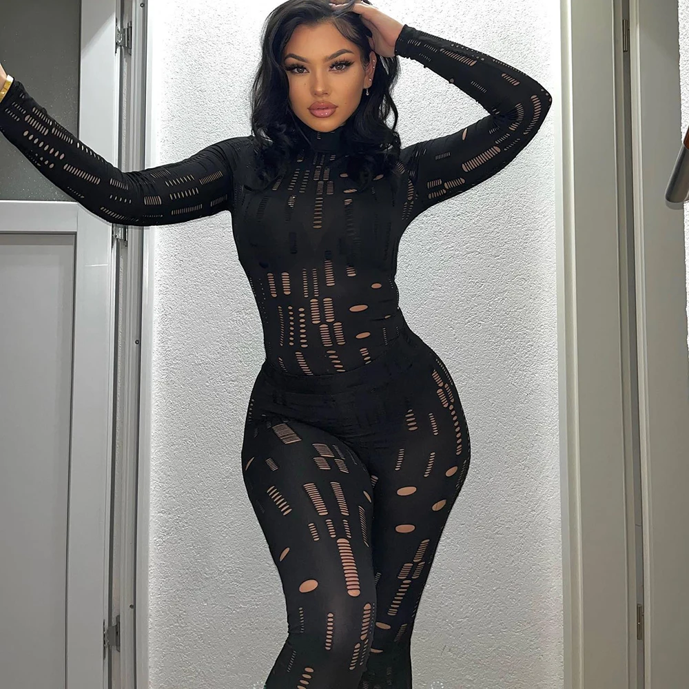 Autumn And Winter Sexy Ripped Pants Gothic Style Round Neck Knitted Long-Sleeved Jumpsuit Club Party Fashion Girl Clothes