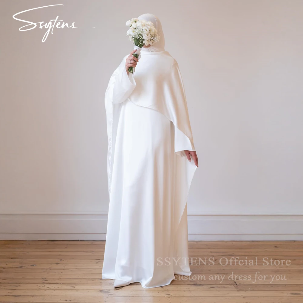 

SSYTENS Modest Arabic Wedding Dresses Long Cap Sleeves A-Line Bride Dresses Muslim Simple White Ivory Customized Bridal Gowns