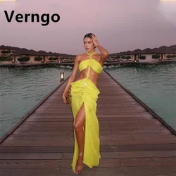 Verngo-Vestido feminino recortado de chiffon sem mangas, fenda lateral simples, vestido de festa noturna, vestido de baile, amarelo, sexy, amarelo