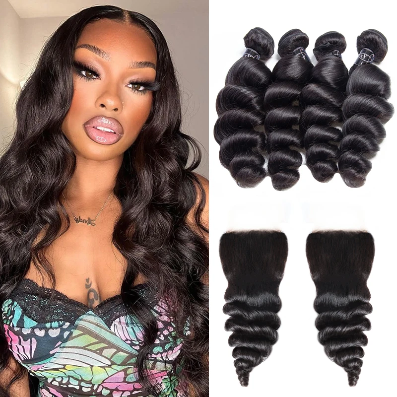 

Swiss Lace Closure With Human Hair Bundles Loose Curly Brazilian Weave 3 Bundles 100% Virgin Hair Extensions Healthy And Bouncy