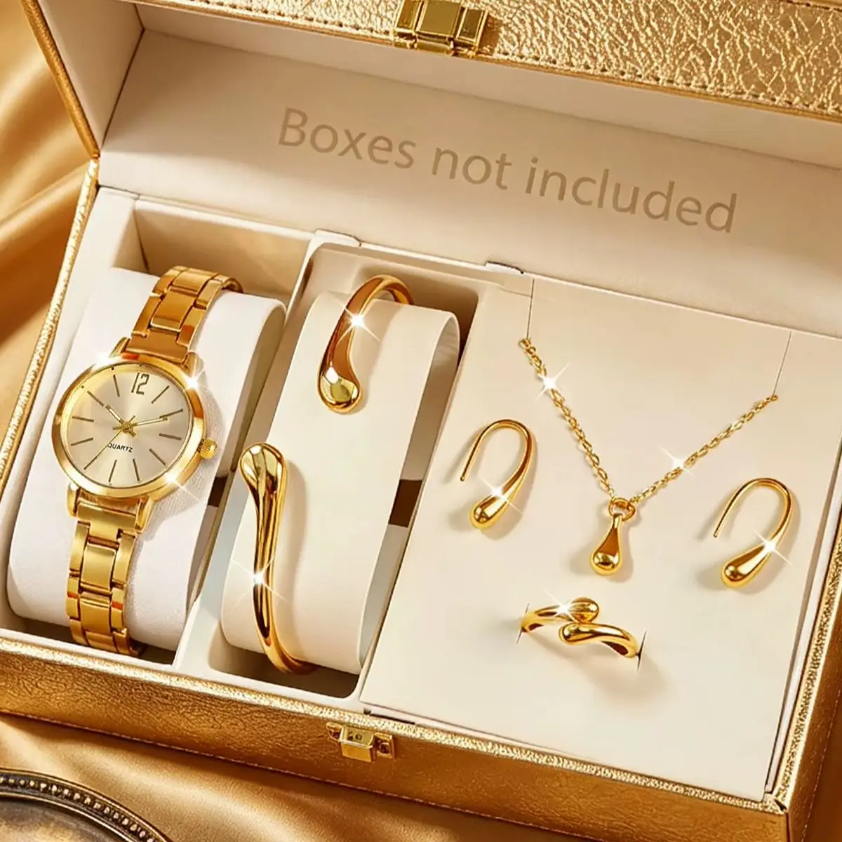 6-Piece Set, Women's Compact Quartz Watch with Water Drop Bracelet, Necklace, Earrings, and Ring Set, Exquisite and Fashionable, Charming, Perfect Accessory for Banquets and Parties.