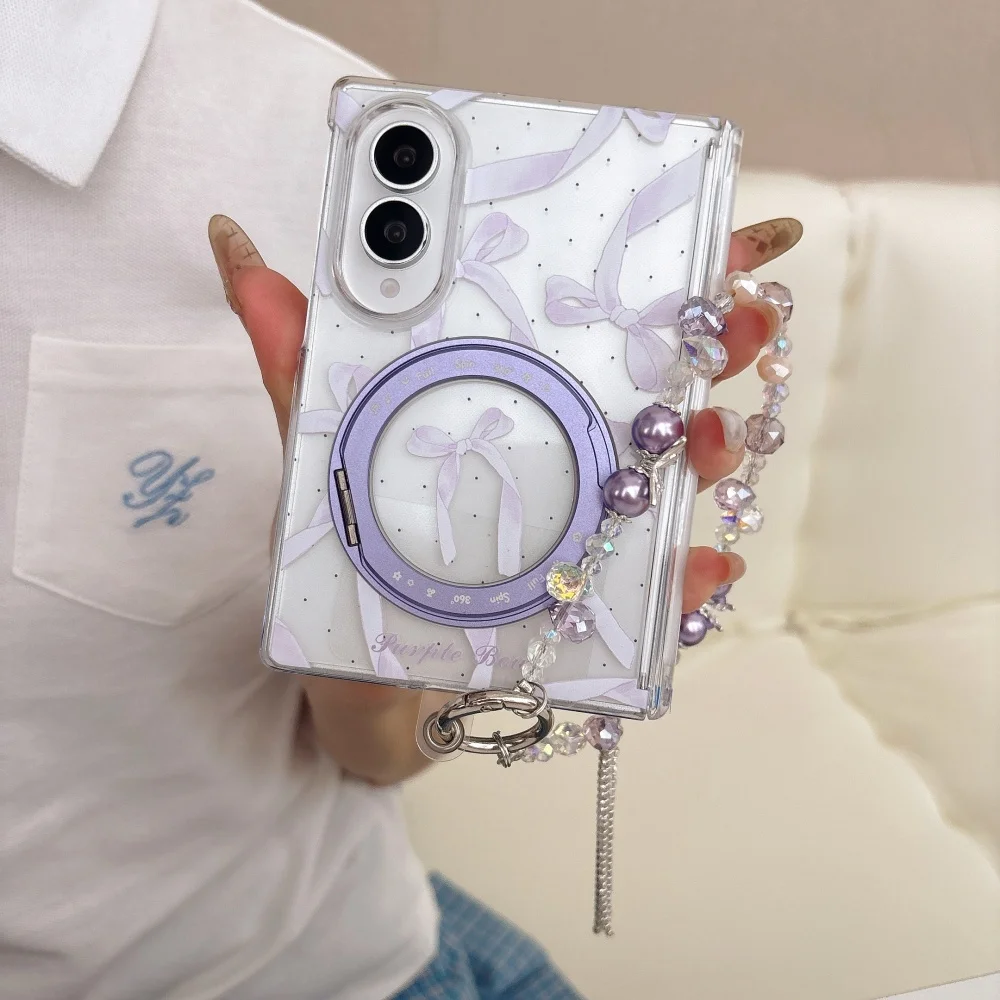 Korean Ins Purple Bow Magnetic Phone Case Suitable For Samsung Galaxy Z Fold 8 Cover With Magsafe Aesthetic Girly Anti‑Fall Case