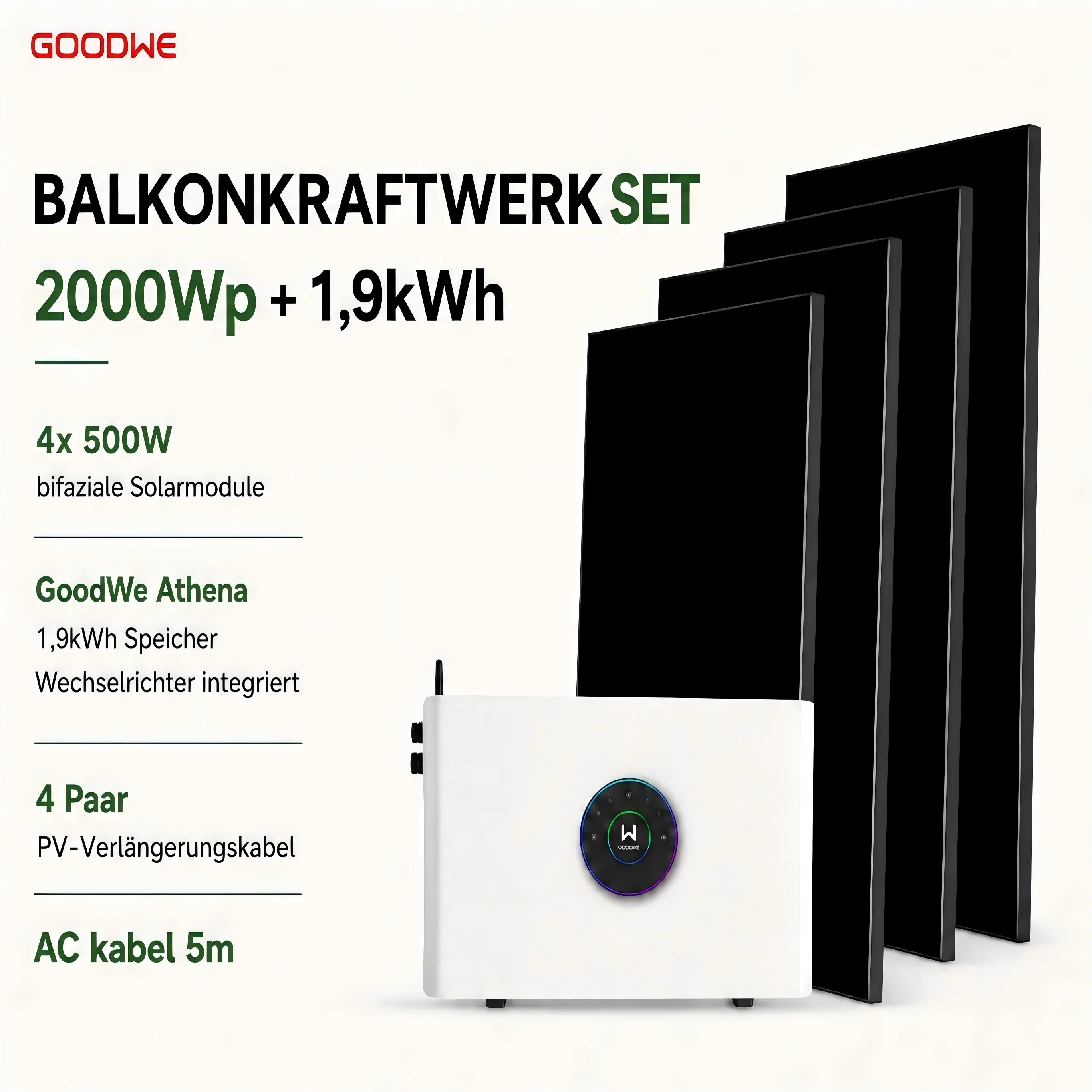 GoodWe® ESA-Athena Hauptspeicher All-in-One Speicher 1,92kWh,mit 4x500W bifaziale Solarmodule ,Plug&Play für Balkonkraftwerk und Offgrid-Stromversorgung