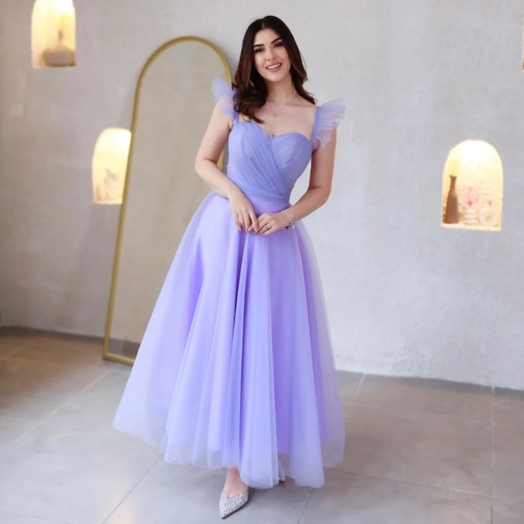 

Tulle Spaghetti Straps A-line Evening Dresses Sweetheart Criss-Cross Pleats Lace Up Ball Gown With Bow Ankle-Length Party Dress