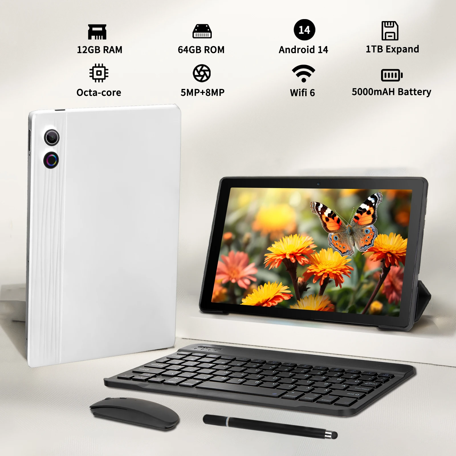 Tablet Android 14 da 10 pollici, A523 Octa Core, 8 GB di RAM + 64 GB di ROM (TF 1 TB), 5000 mAh, sbloccato volto, nero+ set tastiera e mouse, nero