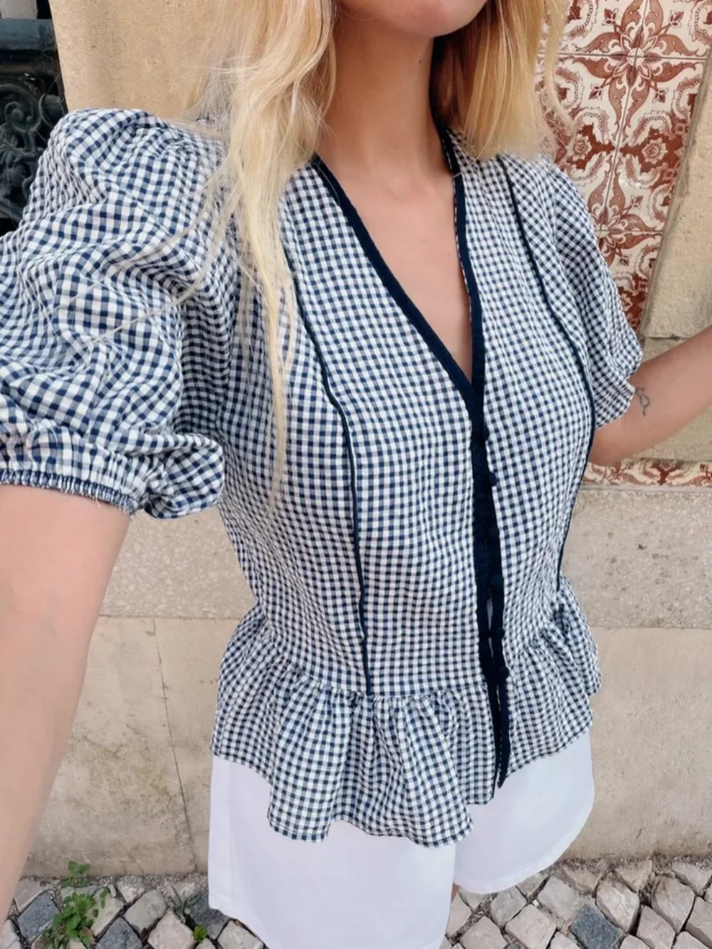 Women Plaid Checkered Blouse Deep V Neck Puff Sleeve Peplum Top French Cottagecore Vintage Summer Short Sleeve Shirt
