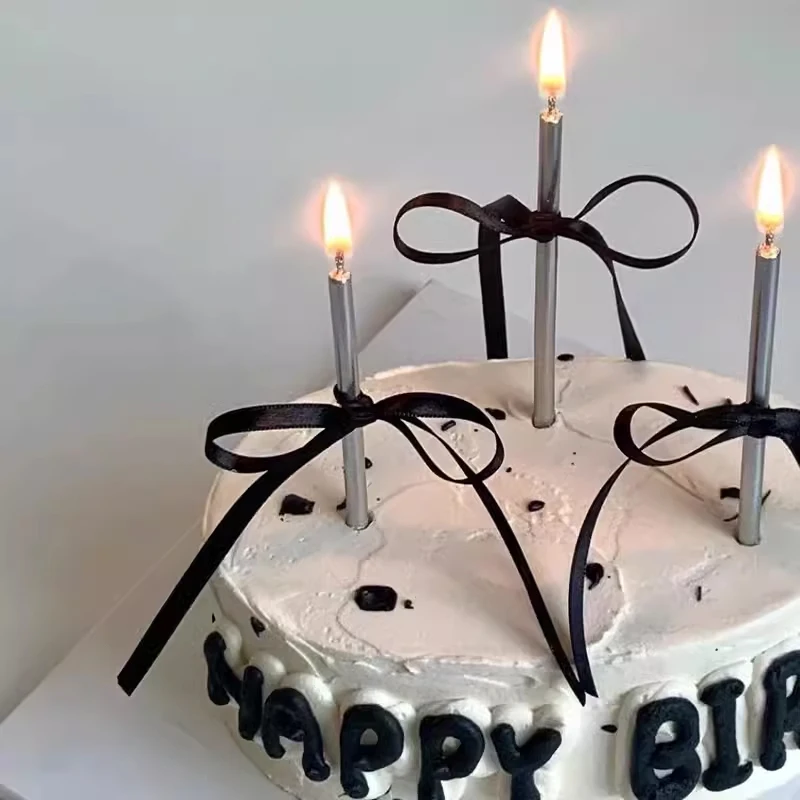 Birthday Candle Birthday Baking Cake Decorated With Black Bow Ribbon Straight Pencil Candle Dessert Table Decoration