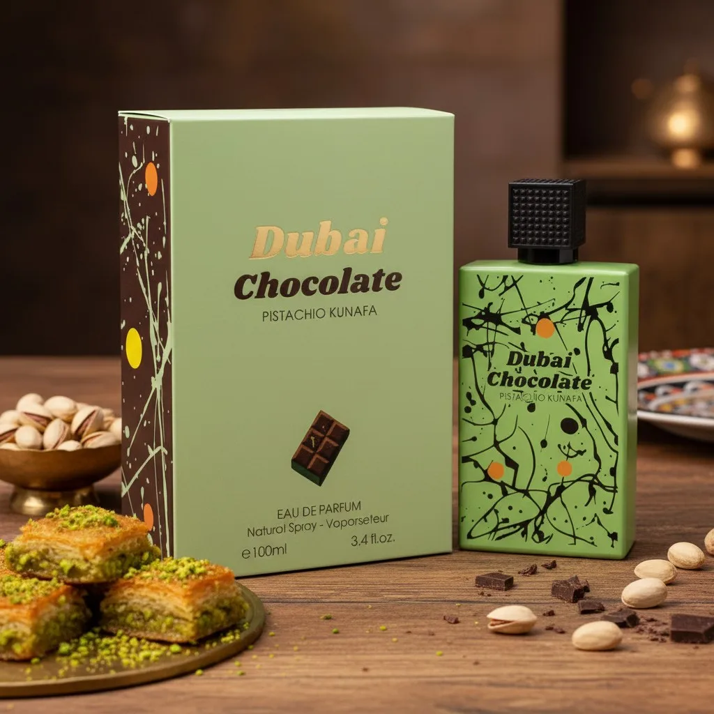 Parfum Dubai Chocolate Pistachio Kunafa 100 ml - Fragrance Couture. Parfum gourmand aux notes de chocolat, de pistache et de kunafa, combiné à une base douce, crémeuse et enveloppante.
