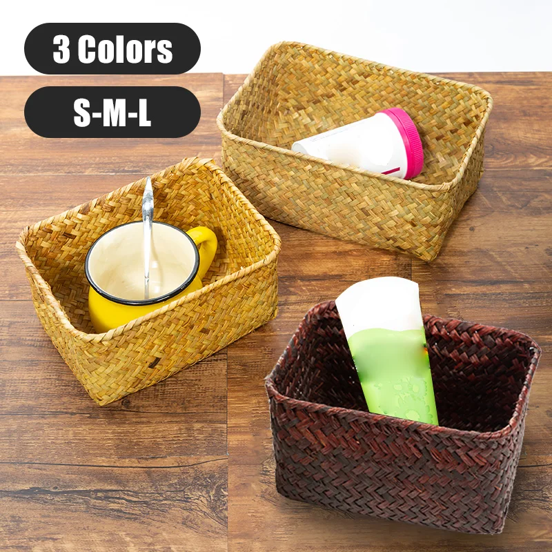 S/M/L Seagrass Woven Storage Baskets Straw Rattan Box Desk Picnic Fruit Cosmetic Container Sundries Handmade Organizer 3 Colors