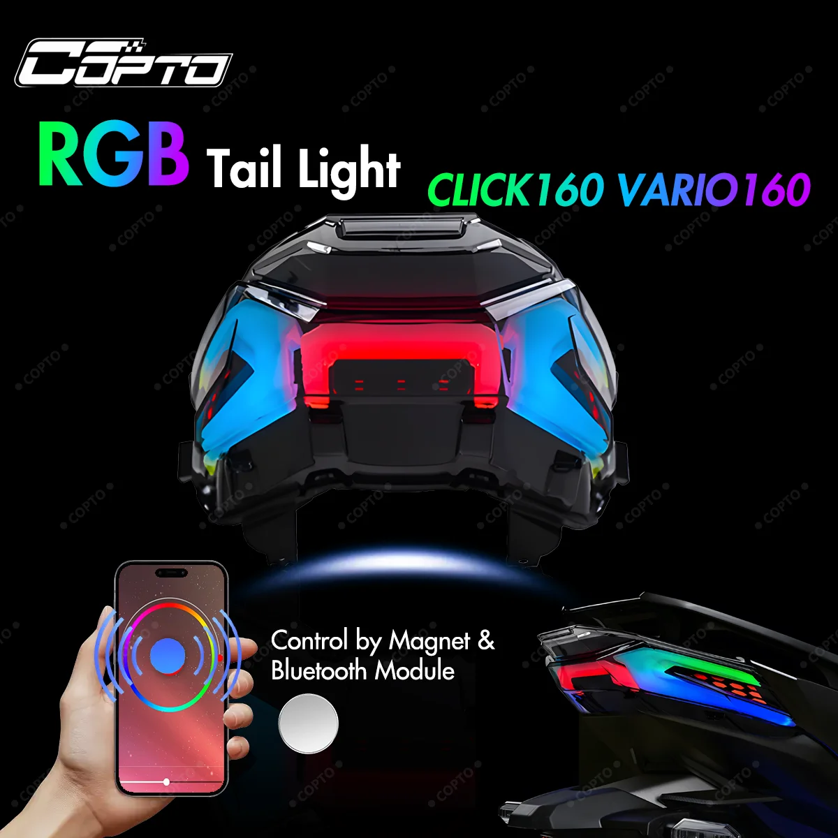 CLICK160/VARIO160 Magnetic-Control RGB LED Tail Light, APP Remote via Bluetooth, High-Intensity, Waterproof, Motorcycle Accessor