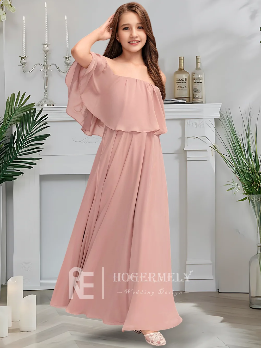 Платье подружки невесты с открытыми плечами, платье с цветочным узором для девочек, шифоновое платье длиной до пола с элегантными складками для девочек, официальное мероприятие
