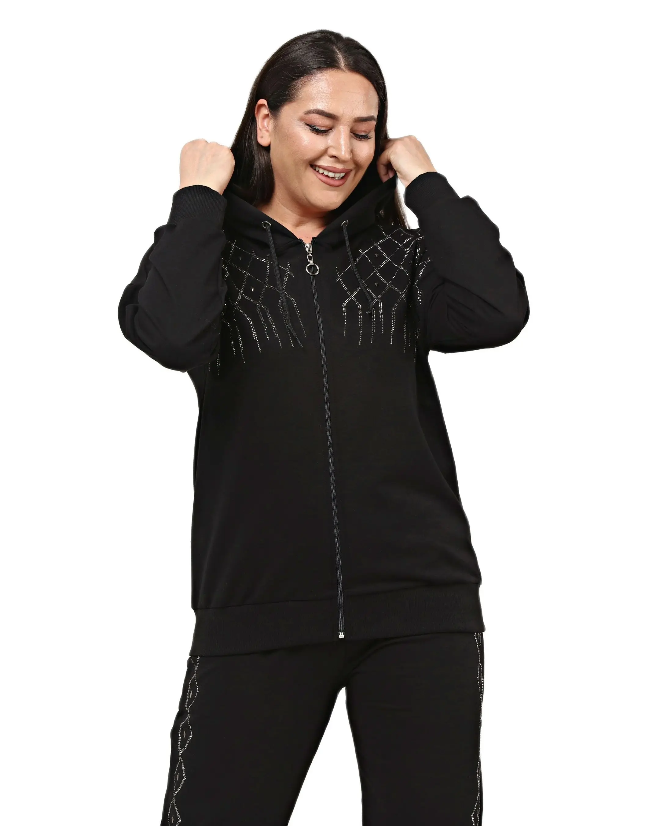 Ensemble de survêtement noir grande taille pour femmes, survêtement 2 pièces imprimé pierre de losange, conçu et fabriqué en turquie, nouvelle collection