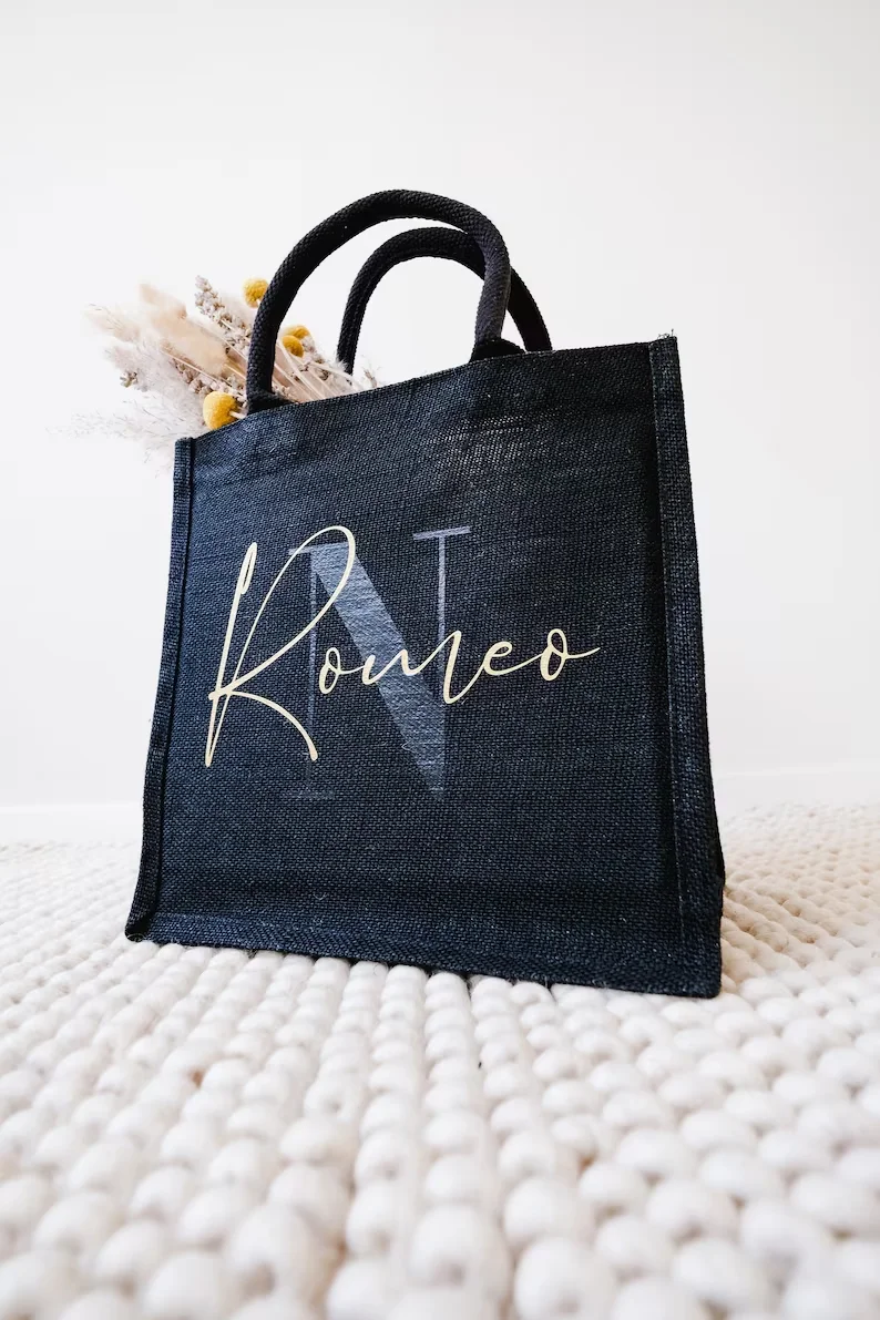 Personalized Black Jute Bag with Initial and Name Bachelorette Party Mother\'s Day Shopping Bags Teacher Farewell Gift Idea Bag