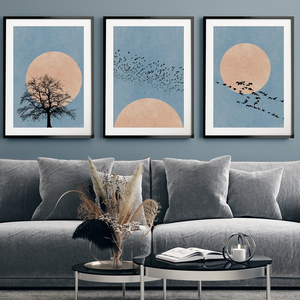 

Moon Silhouette Set of 3 Prints Scandinavian Minimalist Nature Wall Art Poster Pink and Blue Abstract Art Canvas Painting Decor