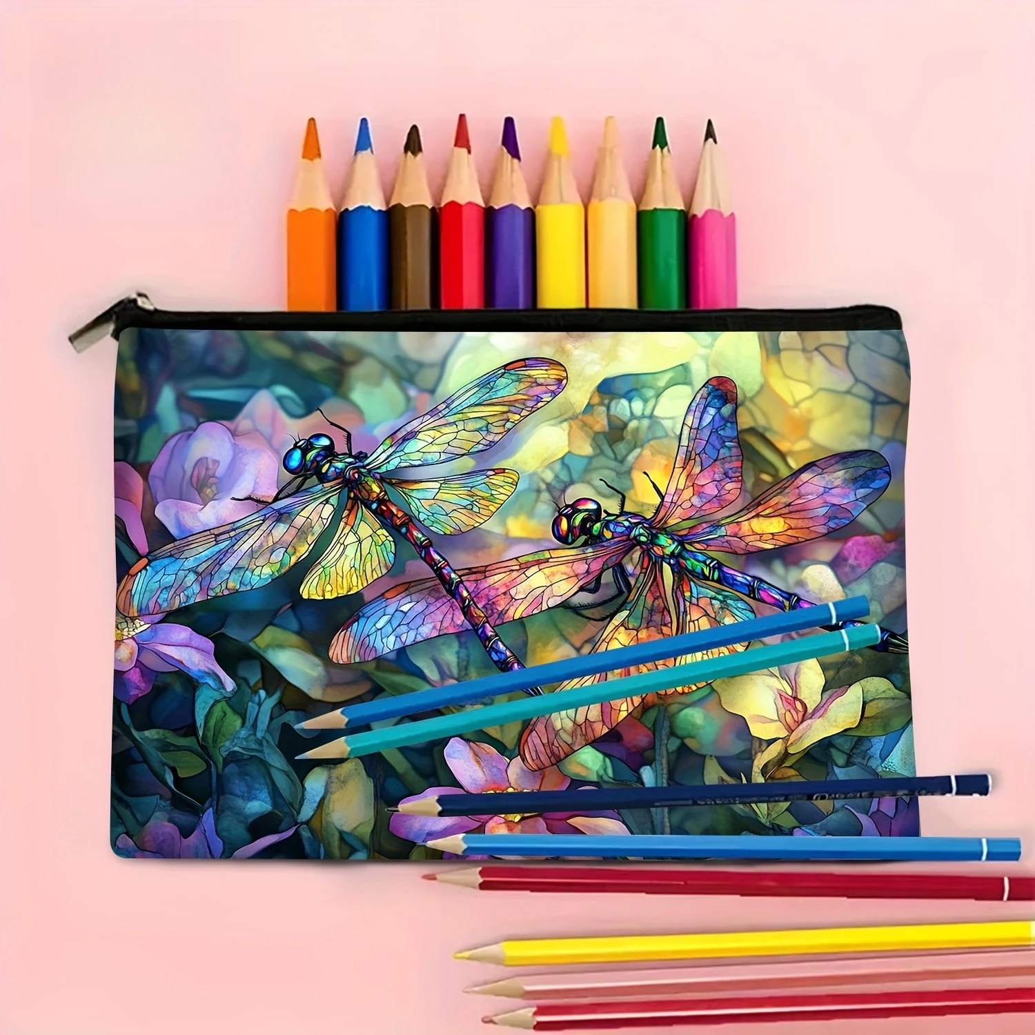 1Pc Multifunctional Travel Makeup Bag with Vibrant Colorful Wings of Dragonflies and Floral Vintage Design, Snack Storage Bag, Stationery Storage Bag, Fashionable Toiletry Bag, Canvas Double-Sided Printed Zipper Pouch