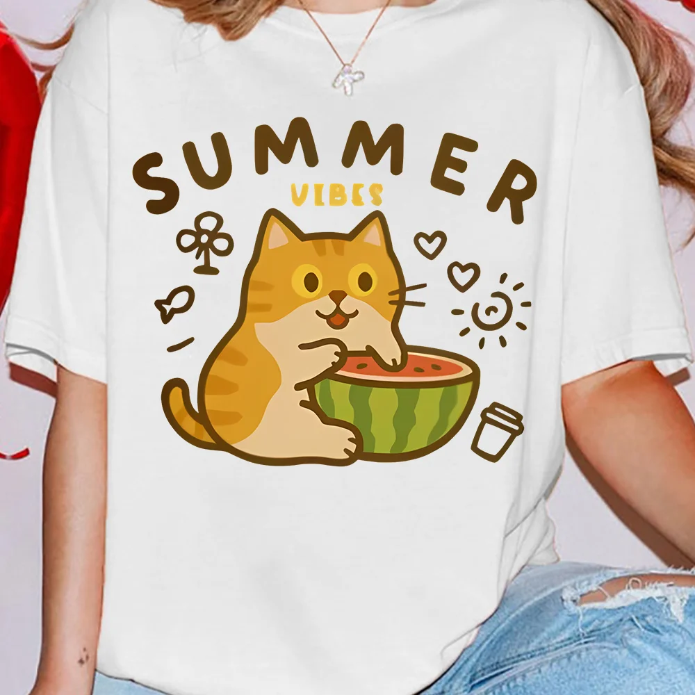 

Cat Summer Tee White T - Shirt Cute Cat Watermelon Print Casual Loose Short Sleeved Summer Playful Seasonal Comfortable Top