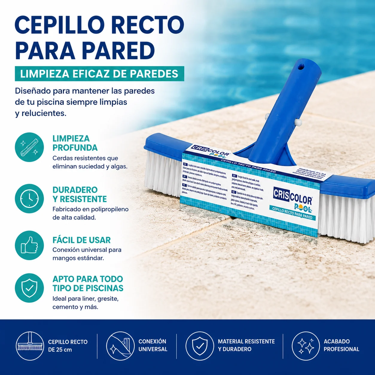 Brosse de nettoyage pour parois de piscine droites, conception ergonomique, légère, poils durables qui n'abîment pas les surfaces, structure robuste à longue durée de vie, accessoire d'entretien pour tous types de piscines privées et installations publiques