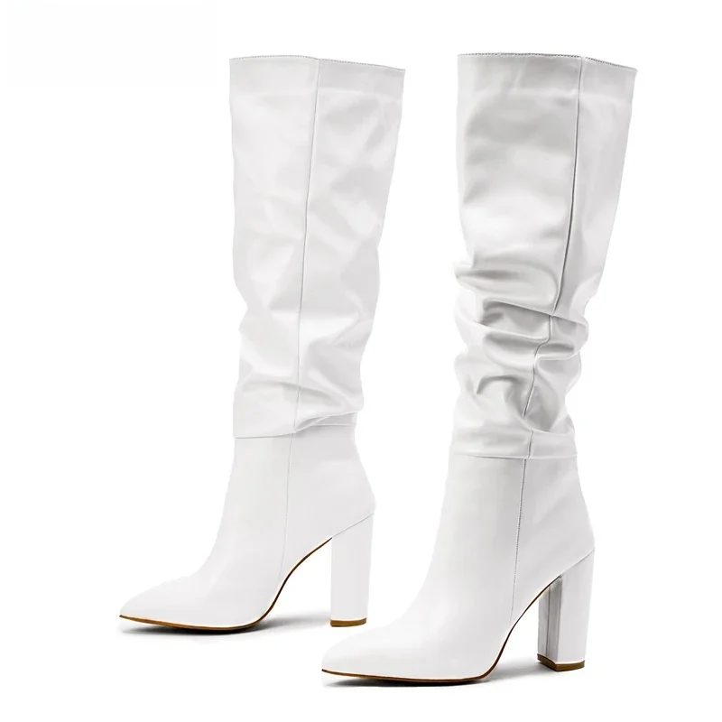 Fashion Pleated Women Knee High Boots Sexy Pointed Toe Square Heels Ladies Long Female White Black Shoes size 35-42