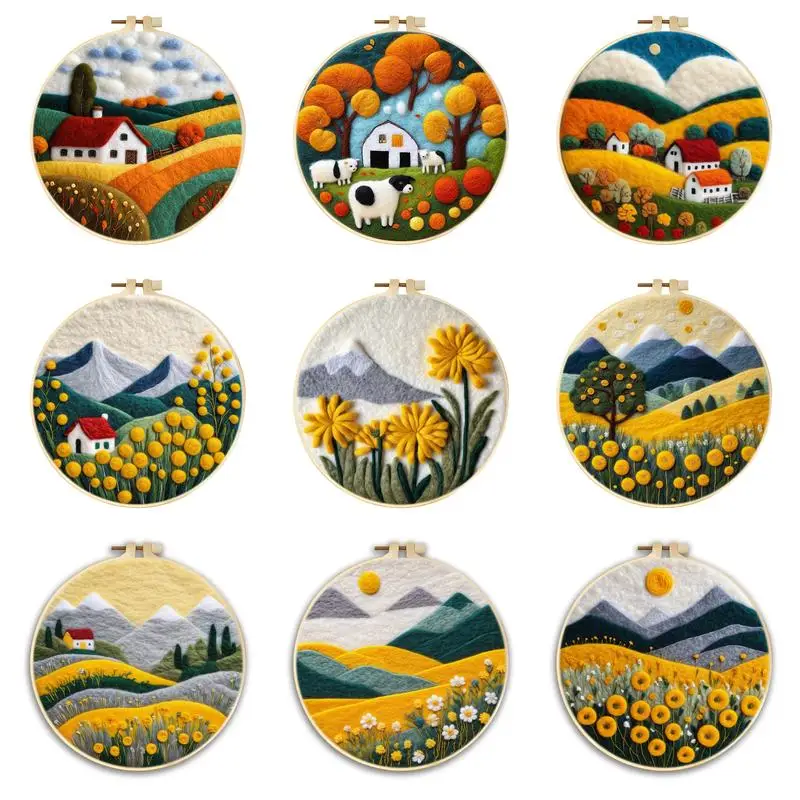 1 Pack Mountain Flowers Pattern Needle Felting Kit Starter Landscape Felting Kit For Beginners Adult Creative Gift 20x20cm