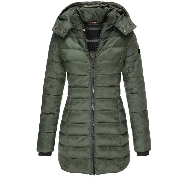 2024 Winter Women Zipper Thick Warm Parkas Solid Color Casual Hooded Long Sleeved Jacket Female Mid-length Slim-fitting Coat Top